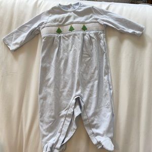 Baby blue smocked Christmas footie